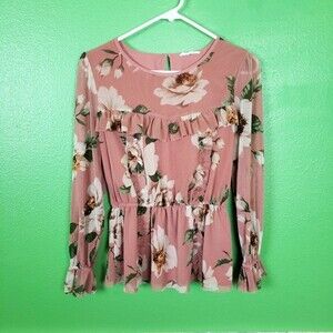 Pleione Women's Pink White Floral Long Sleeve Ruffle Work Career Blouse SZ Small